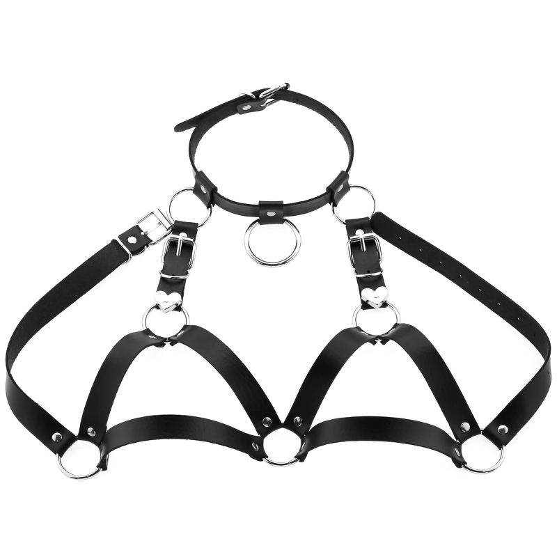 Gothic women's PU leather body harness with silver detailing, perfect for stylish, edgy outfits.