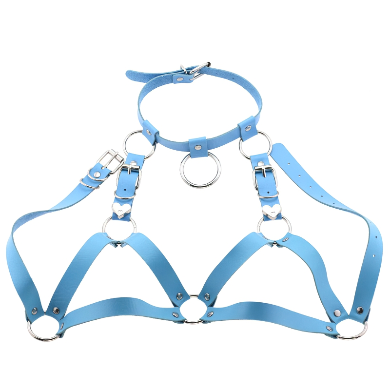 Gothic women's blue PU leather body harness with metal heart details, ideal for stylish and sexy outfits.