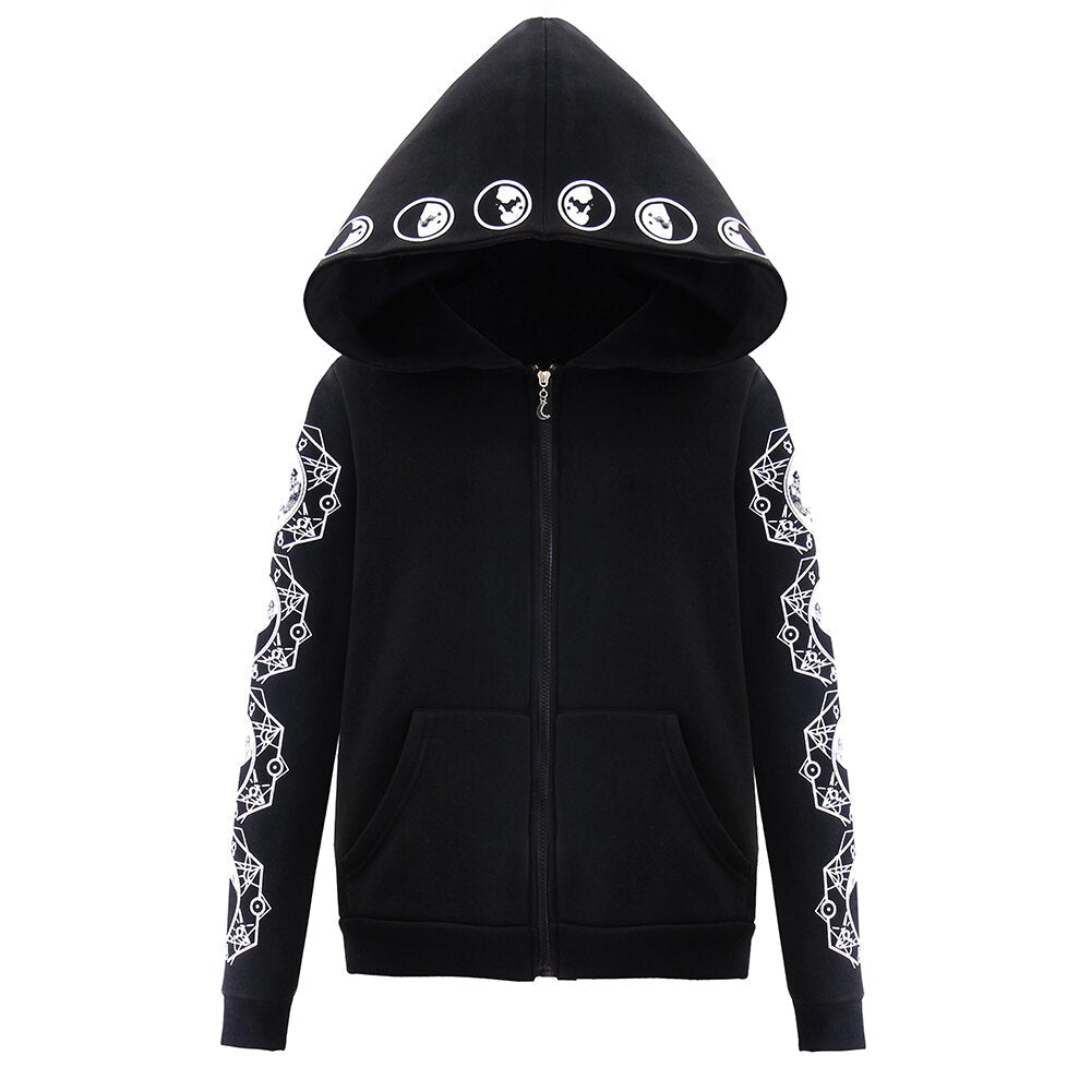 Gothic women's hoodie with hood and zip, embellished with moon prints and intricate designs on the sleeves.