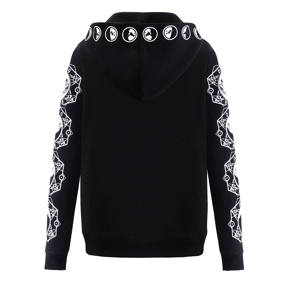 Gothic woman hoodie with moon and spiderweb designs, stylish long sleeve zip-up sweatshirt for alternative fashion lovers.