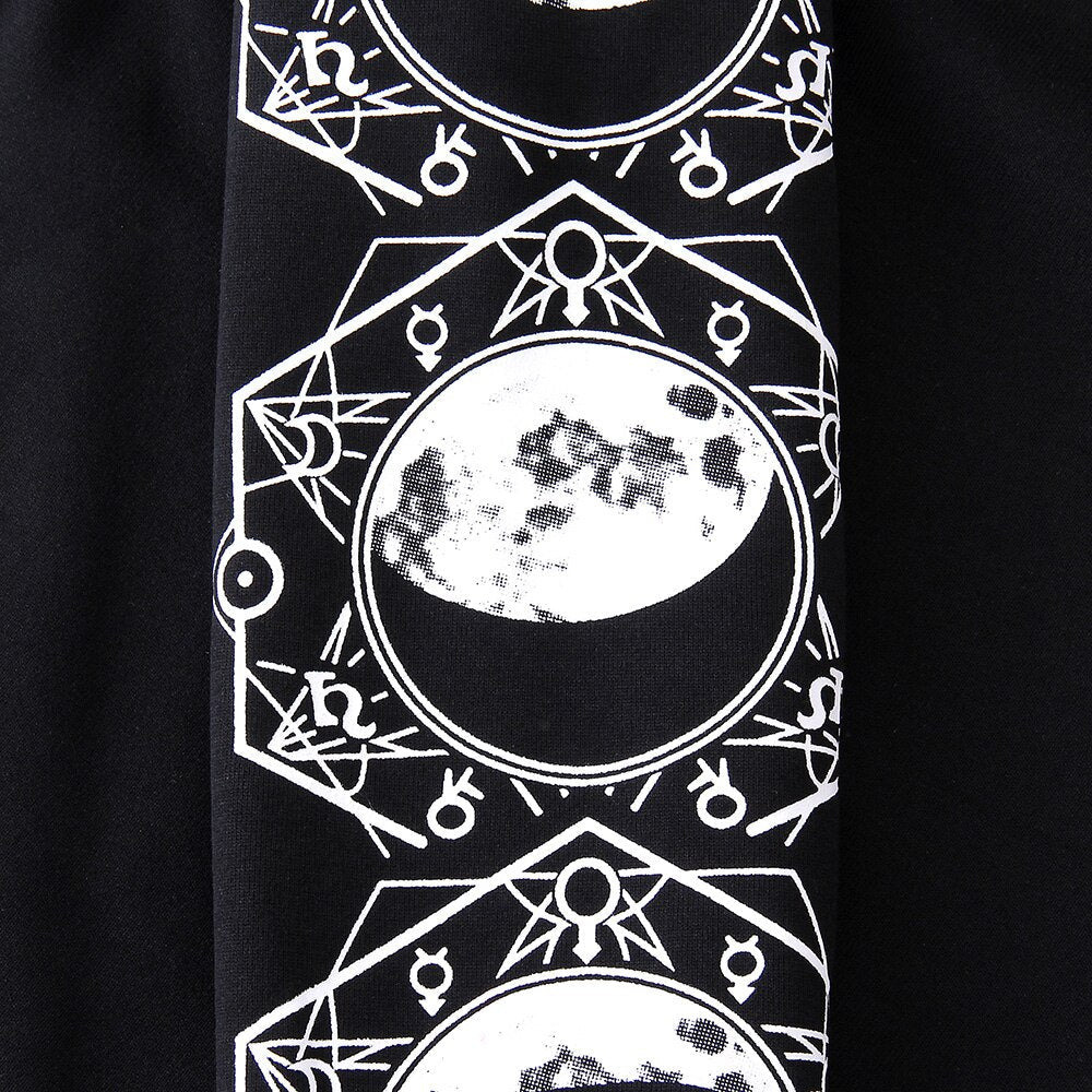 Black hoodie fabric featuring white celestial moon print and mystical symbols, perfect for Gothic rock style.