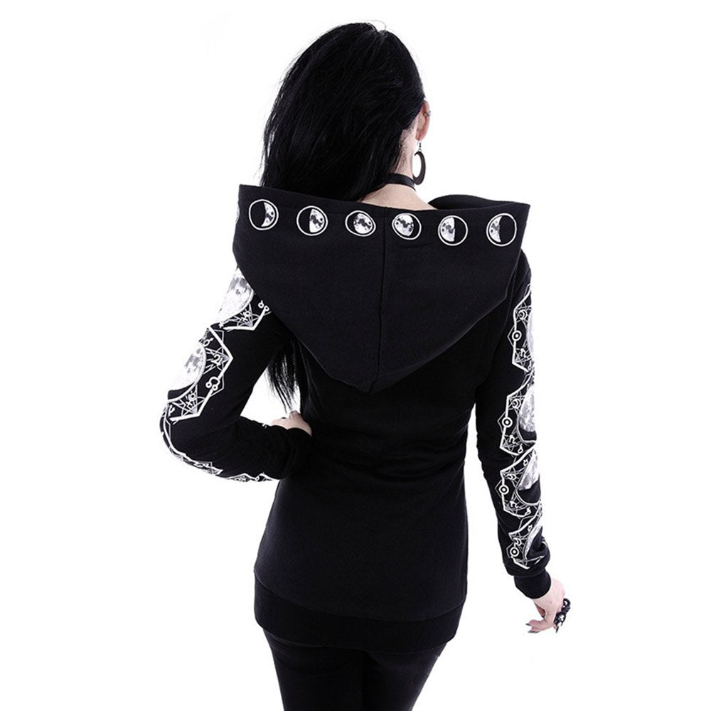 Back view of Gothic women hoodie with moon buttons and stylish design, perfect for alternative rock fashion.