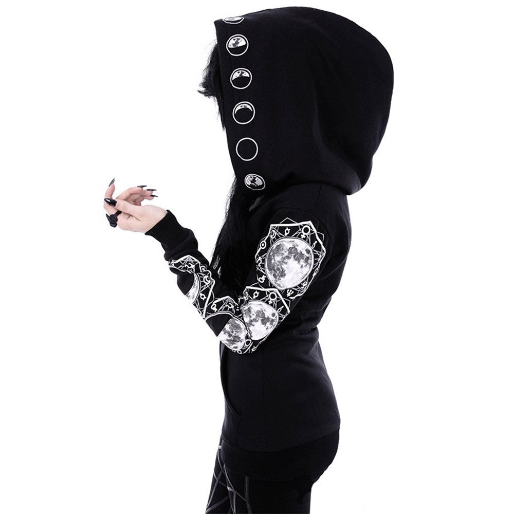 Gothic women hoodie with moon print and zip, stylish long sleeve hooded sweatshirt for alternative fashion lovers.