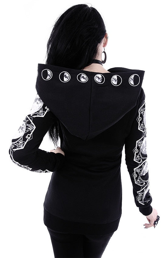 Gothic women's hoodie featuring a moon print and stylish zip detail, perfect for an edgy rock-inspired outfit.
