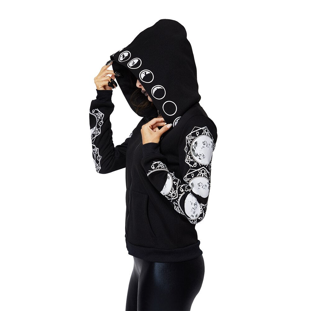 Gothic women hoodie with moon print, stylish long sleeve zip-up sweatshirt, perfect for alternative rock fashion.
