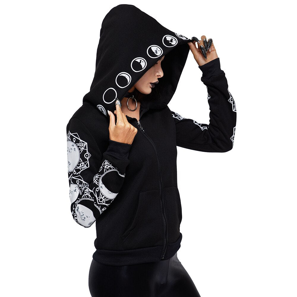 Gothic women hoodie with moon print, long sleeve zip-up sweatshirt perfect for alternative fashion.