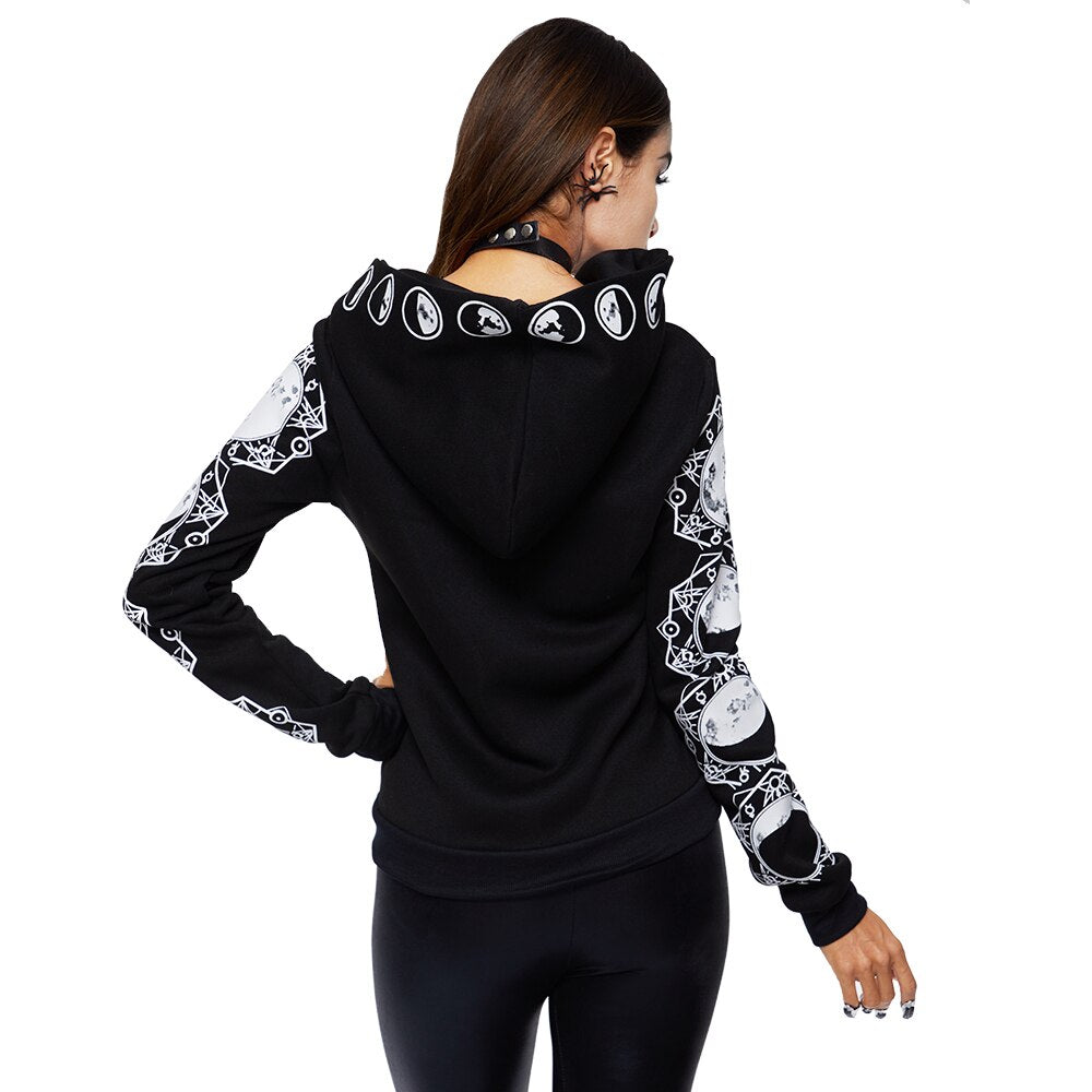 Gothic women hoodie featuring moon print and stylish zip design, perfect for alternative fashion lovers.