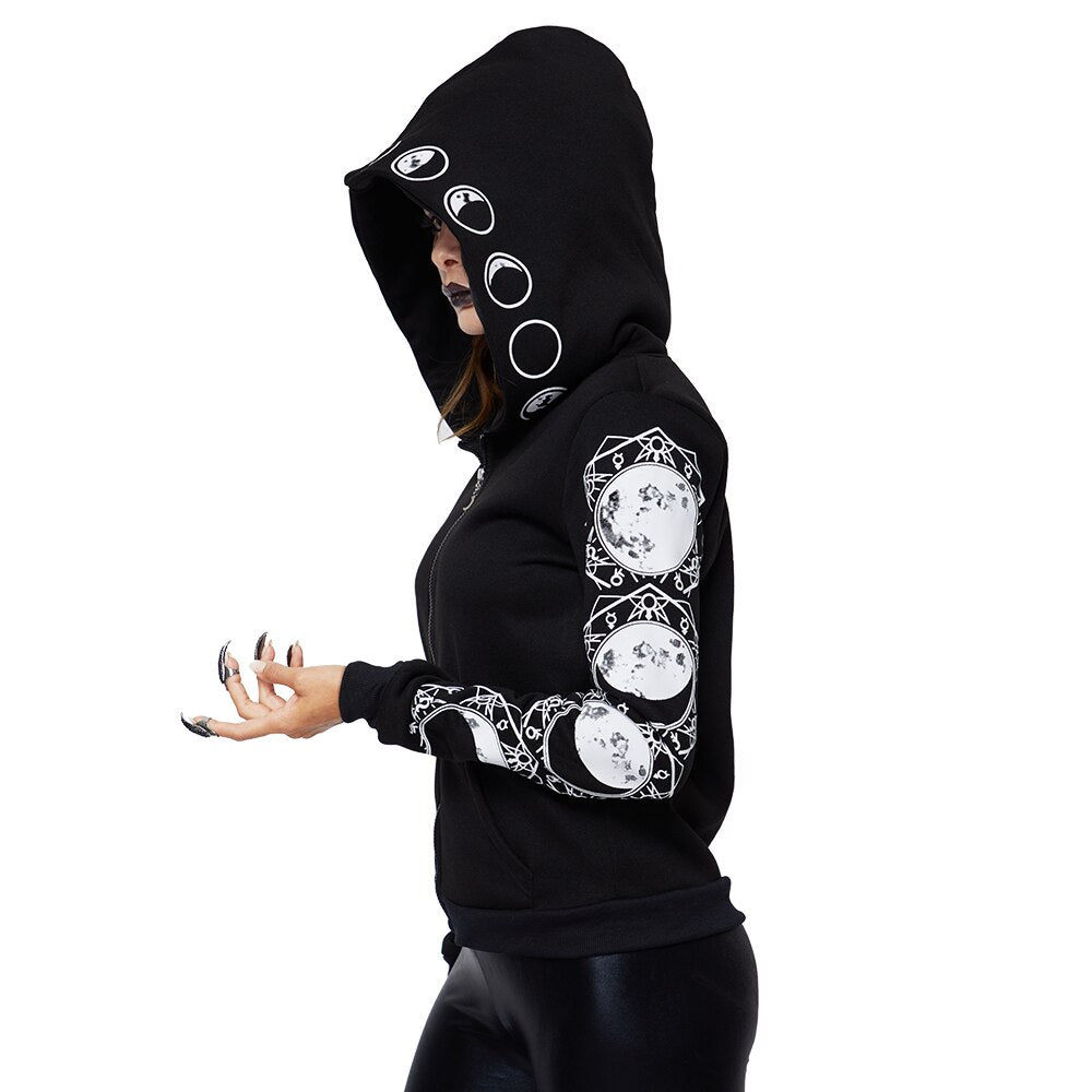 Gothic women hoodie with moon print, long sleeve zip-up sweatshirt for stylish rock style.