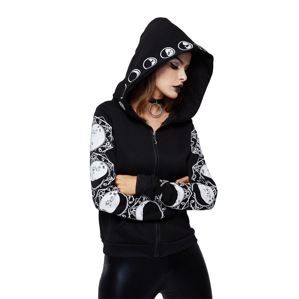 Gothic women hoodie with moon print, hood, and zip, perfect for alternative rock style lovers.