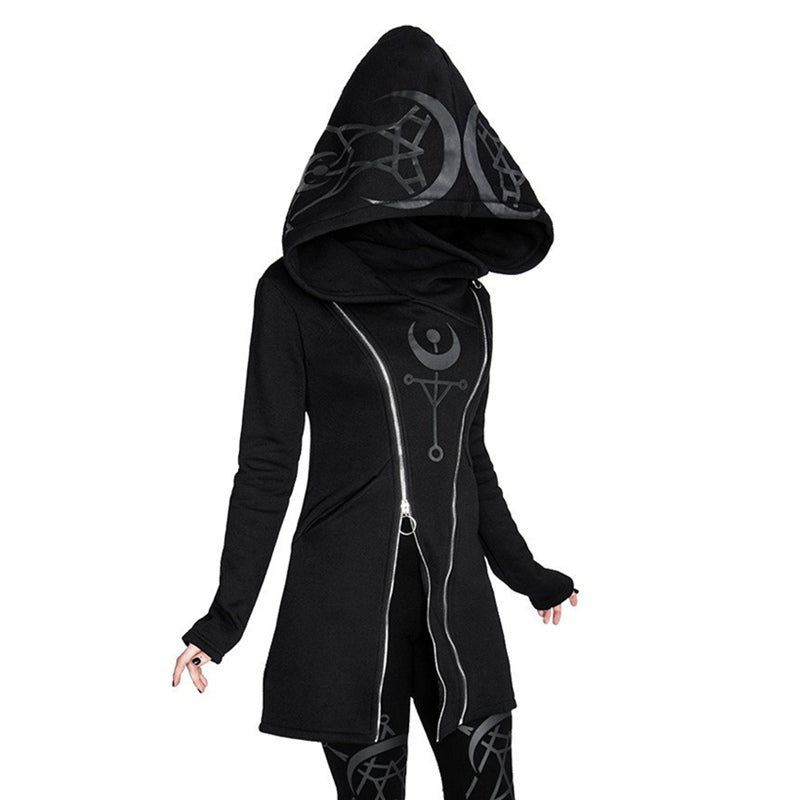 Gothic women hoodie with long sleeves, stylish black design and zippers, perfect for a unique fashion statement.
