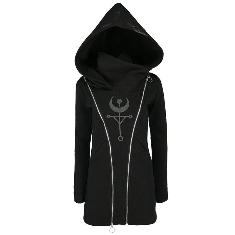 Gothic women's long sleeve hoodie with zipper and hood, featuring stylish print design, perfect for unisex fashion.