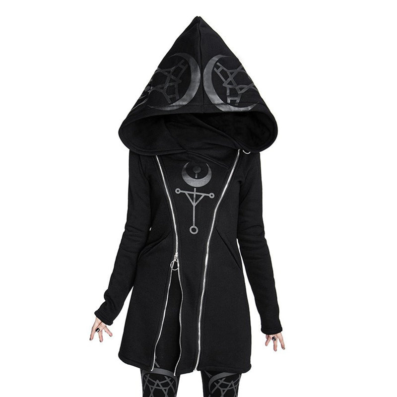 Gothic women's long sleeve hoodie with moon print and zipper detail, perfect for a stylish unisex look.