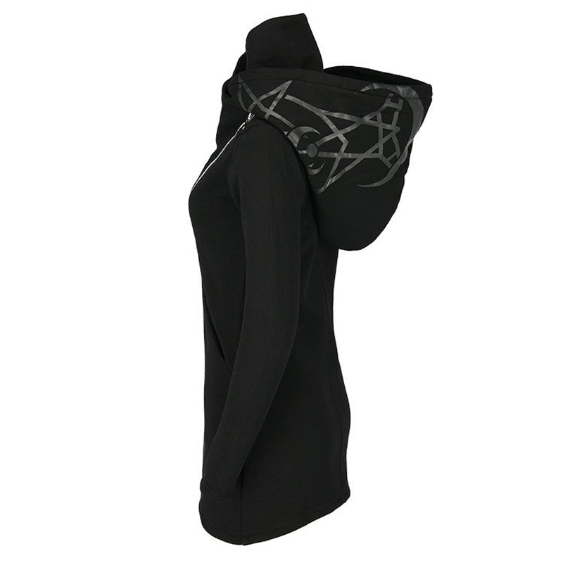 Side view of a Gothic women hoodie with long sleeves and stylish zipper, featuring a unique hoodie design.