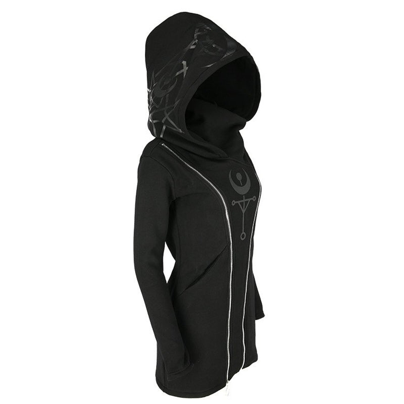 Gothic women hoodie with long sleeves and zippers, featuring stylish print design in black.