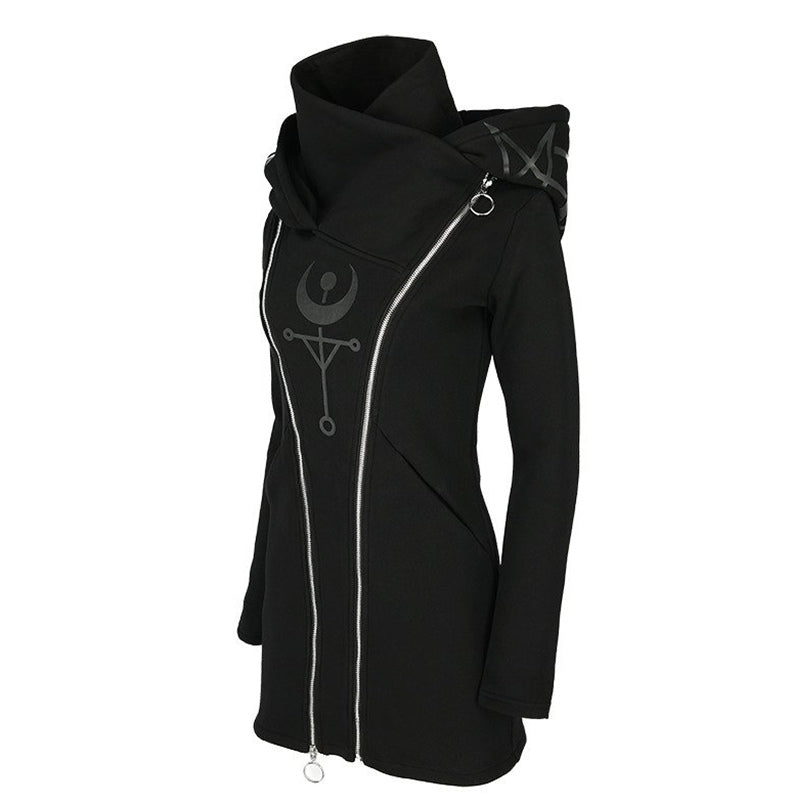 Gothic women's long sleeve hoodie with unique hood, zipper details, and printed design, perfect for a stylish look.