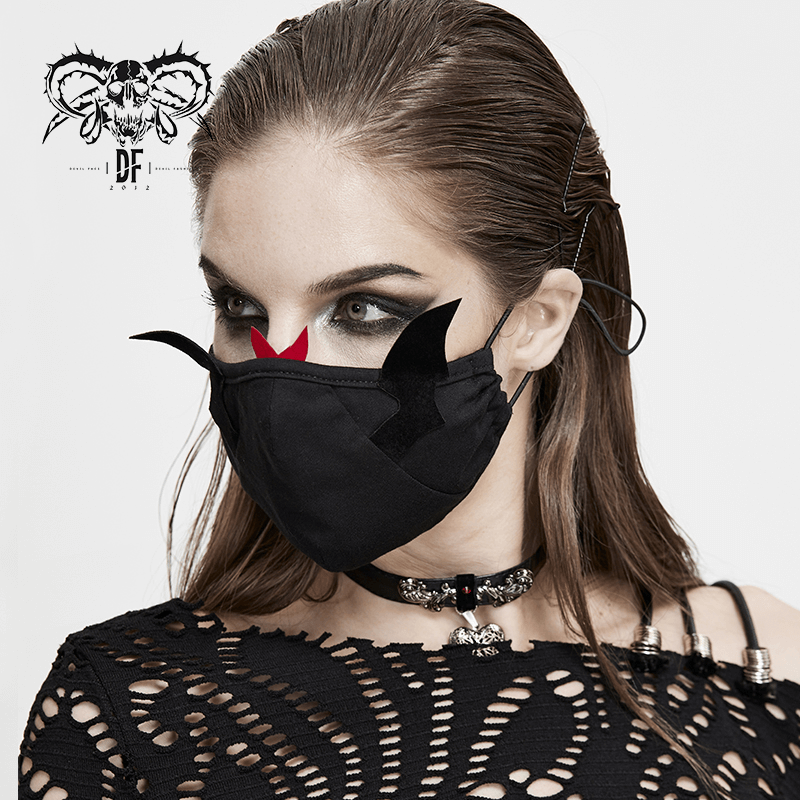 Gothic women's black cotton mask with wing design, featuring adjustable straps, perfect for a bold gothic look.