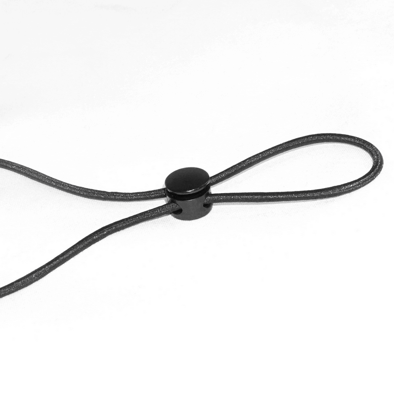 Black adjustable toggle for face masks or accessories, featuring a sleek design for easy wear and customization.