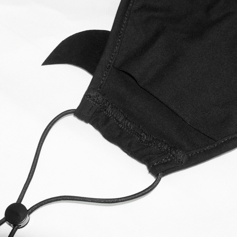 Close-up of adjustable black cotton mask strap with wings detail, perfect for gothic style outfits.