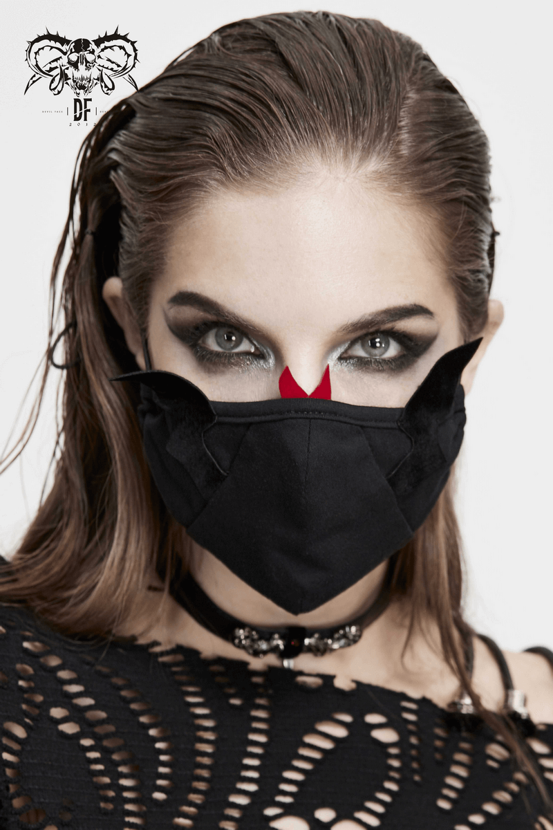 Gothic women's black cotton mask with wings and red accents, perfect for enhancing any gothic outfit.