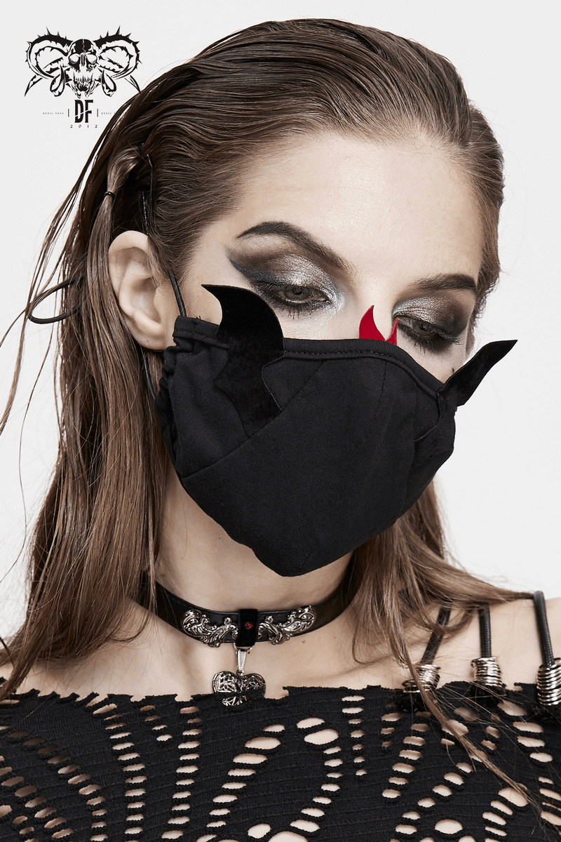 Gothic women's black cotton mask with wings, adjustable straps, perfect for stylish gothic outfits.