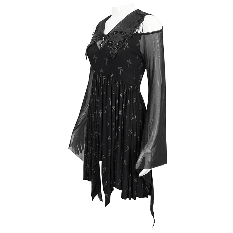 Gothic women's off-shoulder dress with cross print and sheer sleeves, perfect for classy gothic styles.