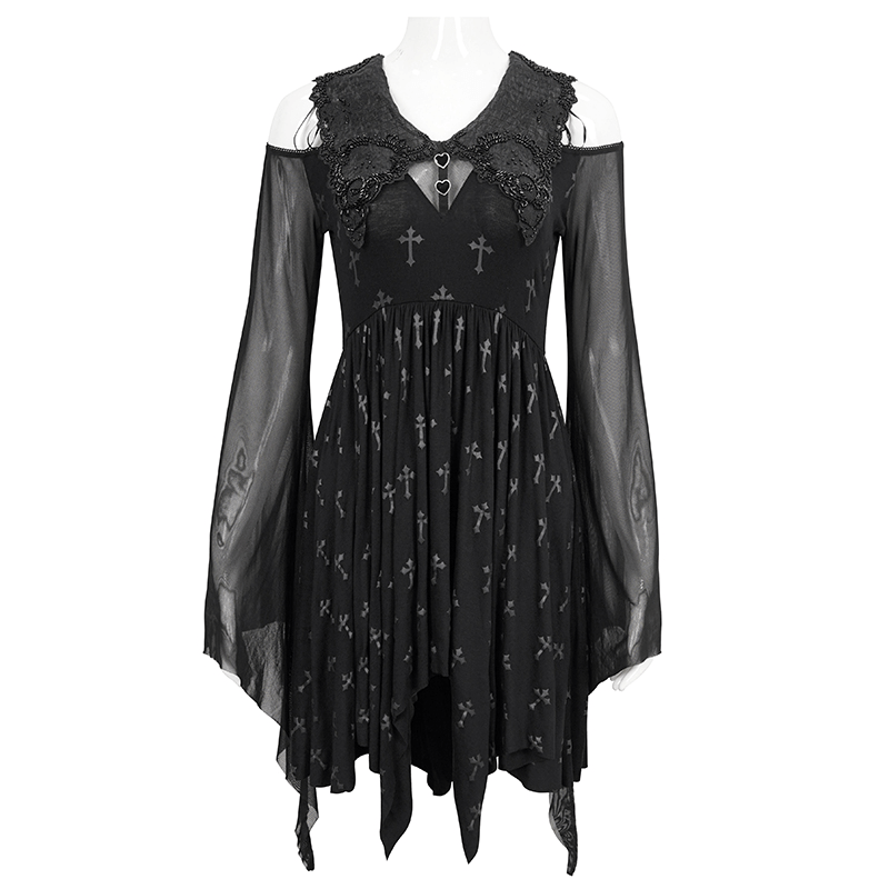 Gothic Women's Off Shoulder Cross Printed Dress / Elegant Ladies Asymmetric Dresses