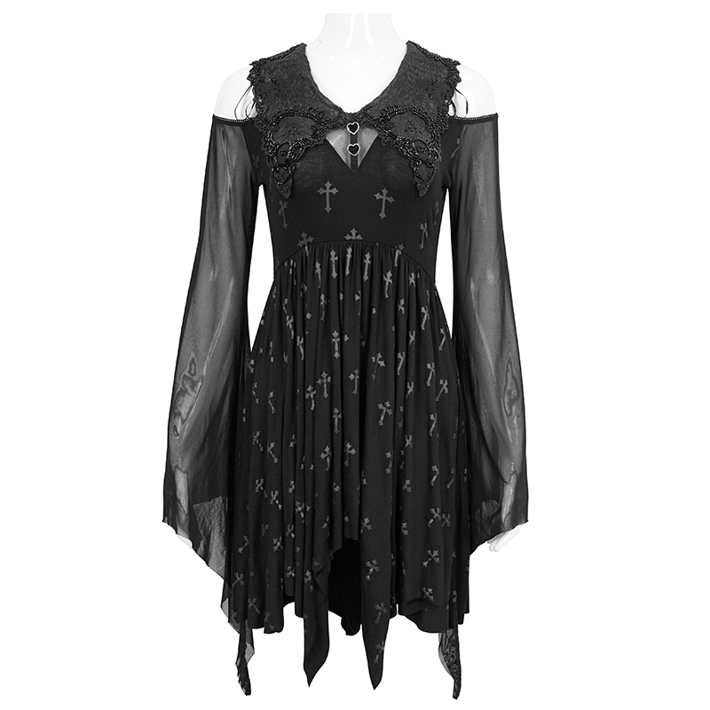 Gothic women's off-shoulder dress with cross print and lace details, perfect for stylish gothic wardrobes.