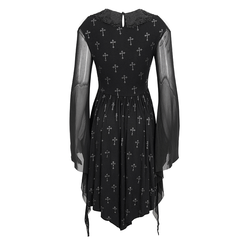Elegant Gothic women's off-shoulder cross printed dress with sheer sleeves and asymmetrical hem.