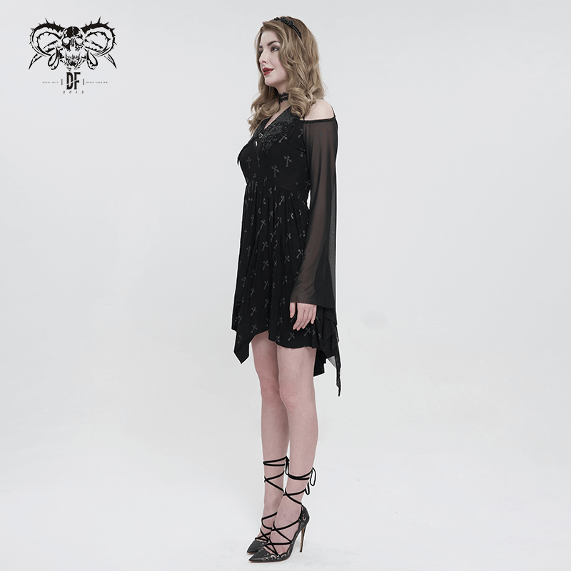 Gothic women's off-shoulder dress with cross print and asymmetrical design, perfect for an edgy wardrobe.