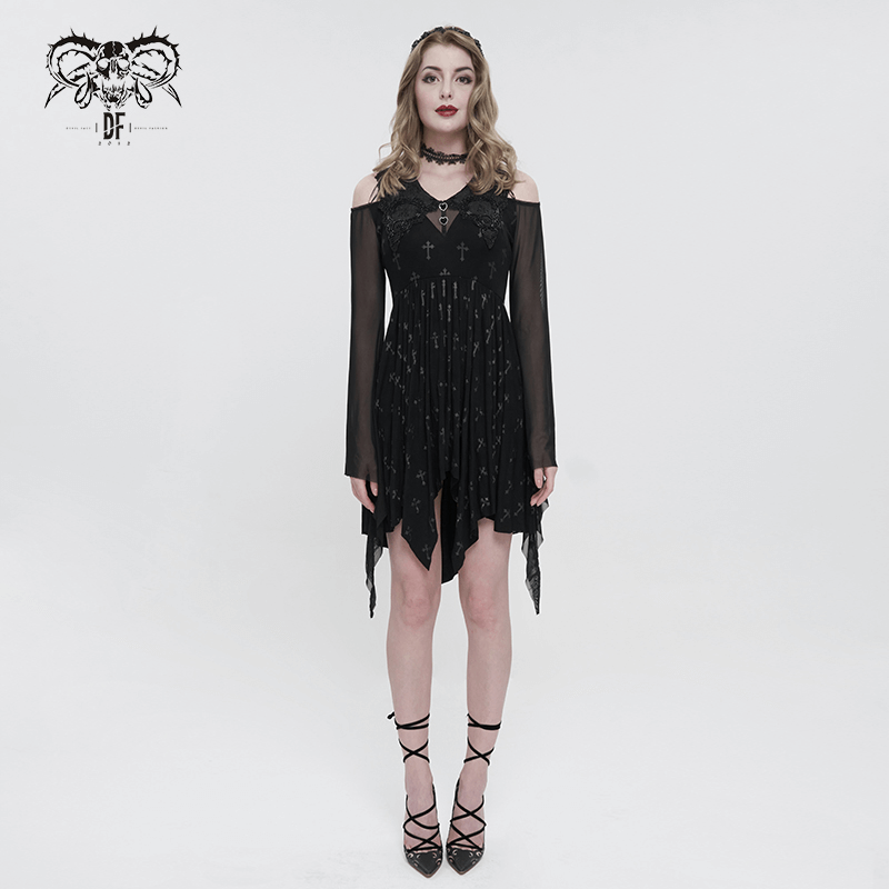 Gothic off-shoulder cross printed dress for women, featuring a stylish asymmetrical design and elegant long sleeves.