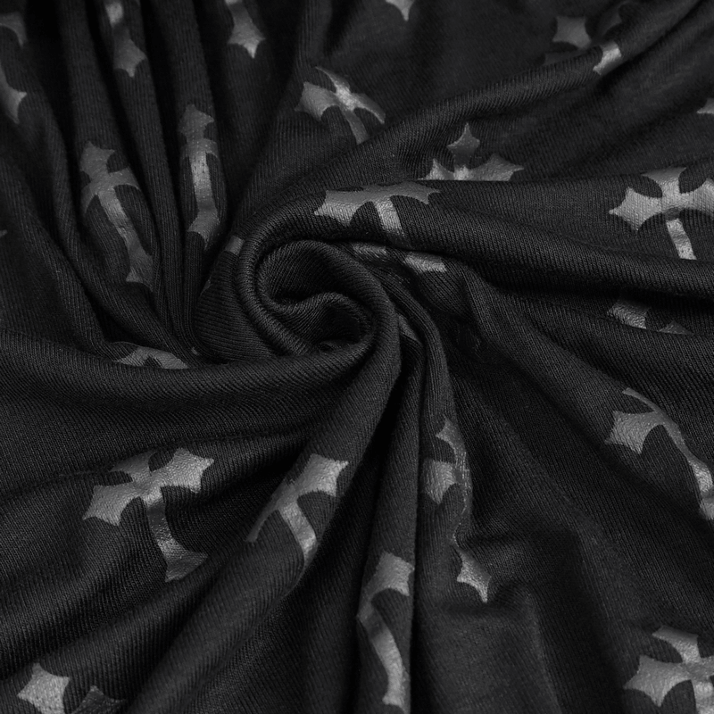 Close-up of gothic fabric with cross print, perfect for an elegant off-shoulder dress in a stylish black design.