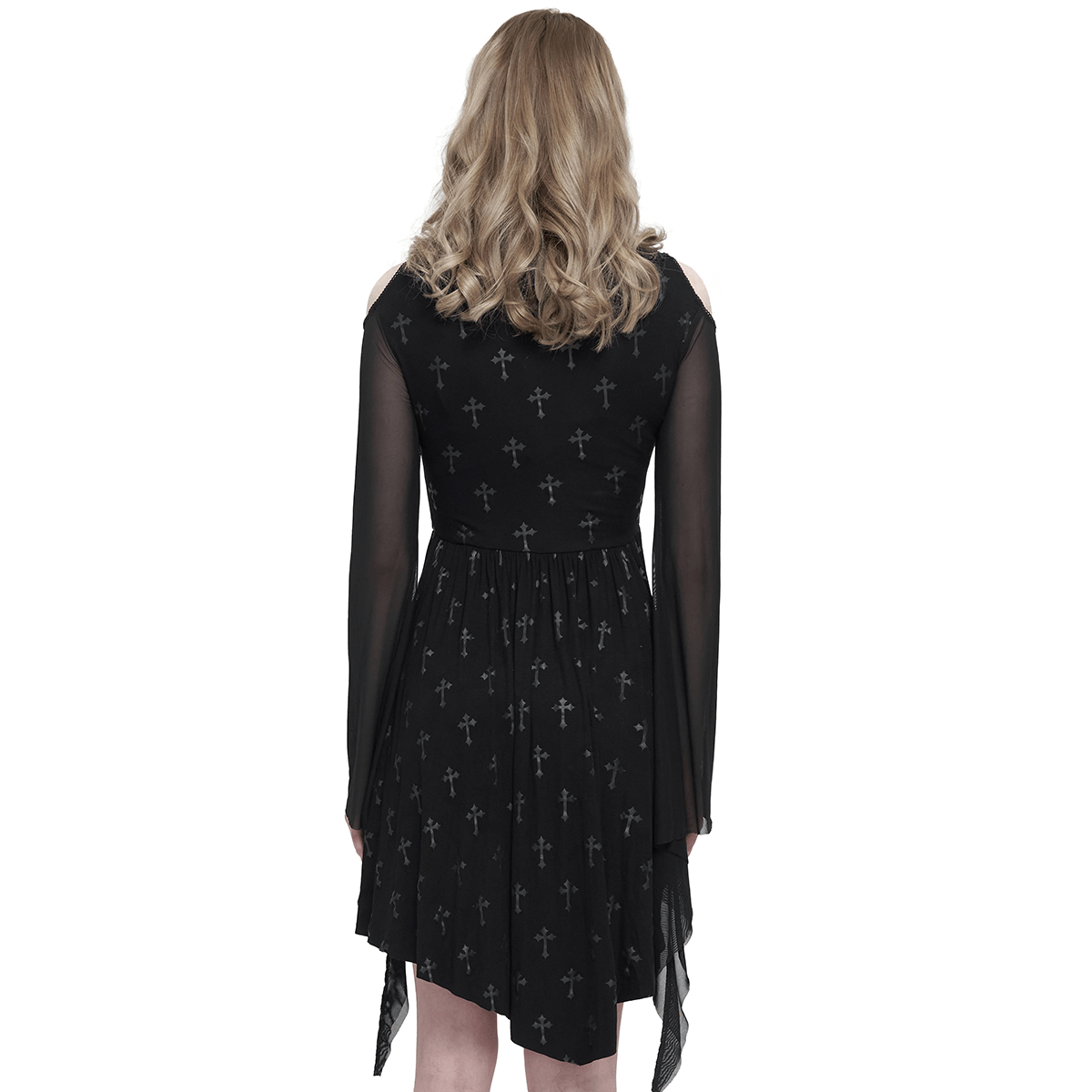 Back view of Gothic women's off-shoulder dress featuring cross prints and sleeves, perfect for a chic gothic style.