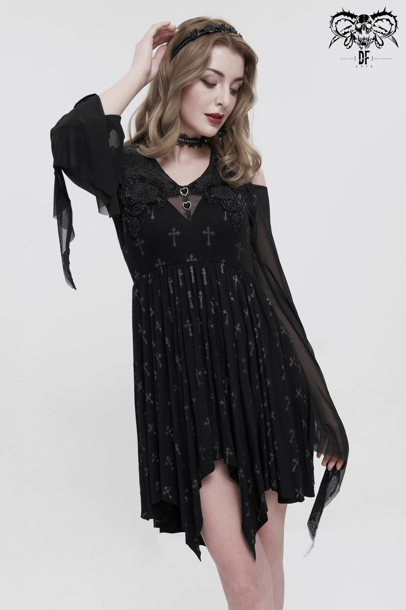 Gothic off-shoulder dress with cross print and asymmetrical hem, perfect for elegant gothic fashion.