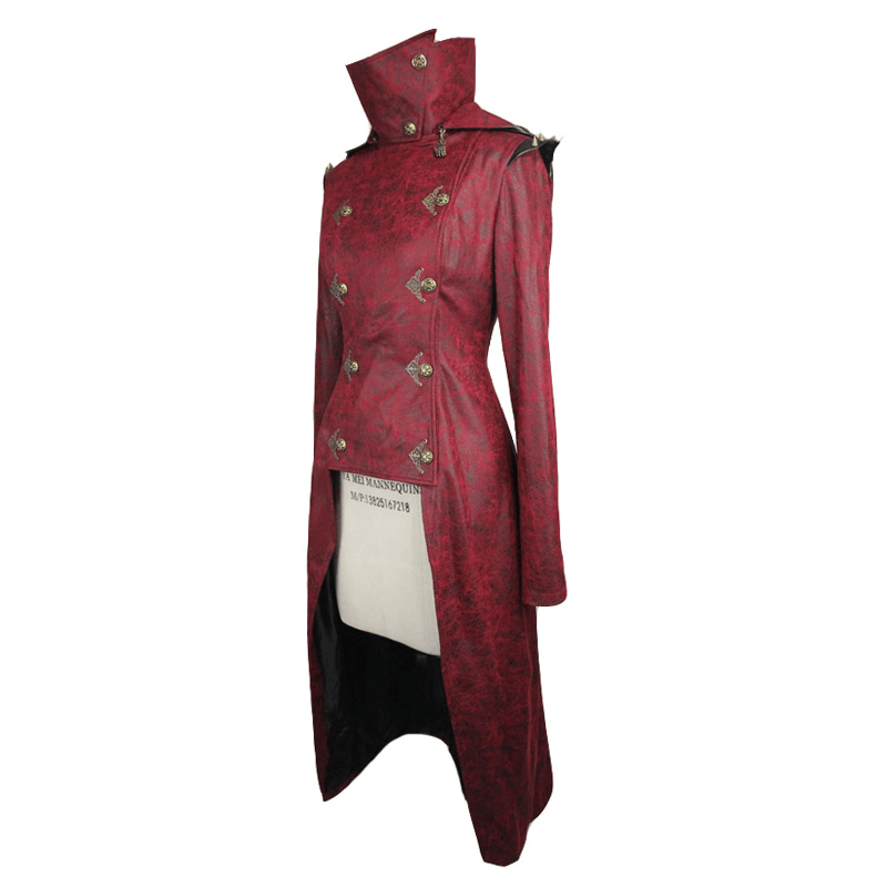 Gothic Women's Slim Hooded Coat with Rivets / Steampunk Faux Leather Wine Red Overcoats - HARD'N'HEAVY