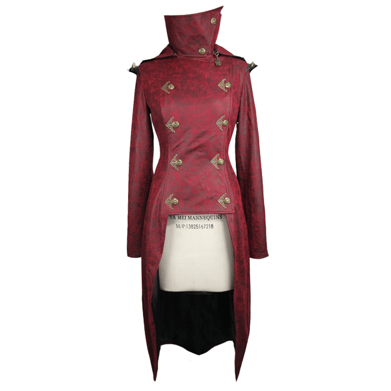 Gothic Women's Slim Hooded Coat with Rivets / Steampunk Faux Leather Wine Red Overcoats