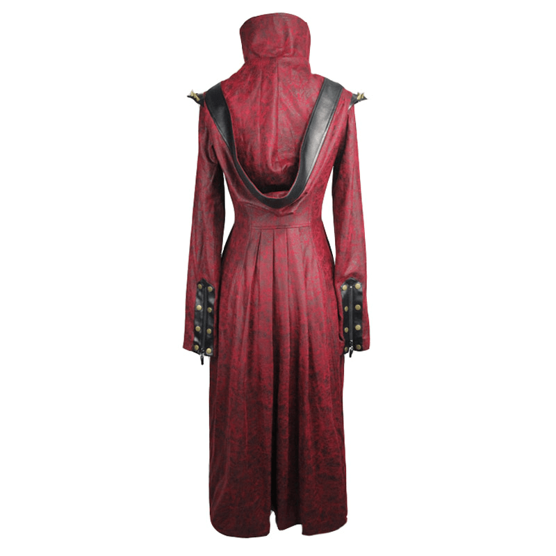 Gothic Women's Slim Hooded Coat with Rivets / Steampunk Faux Leather Wine Red Overcoats