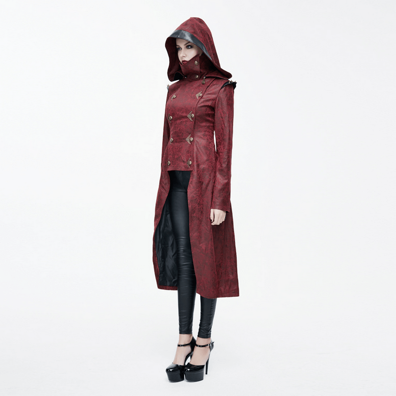 Gothic Women's Slim Hooded Coat with Rivets / Steampunk Faux Leather Wine Red Overcoats