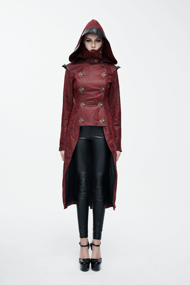 Gothic Women's Slim Hooded Coat with Rivets / Steampunk Faux Leather Wine Red Overcoats