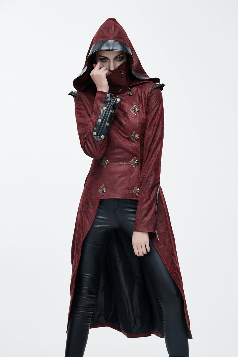 Gothic Women's Slim Hooded Coat with Rivets / Steampunk Faux Leather Wine Red Overcoats