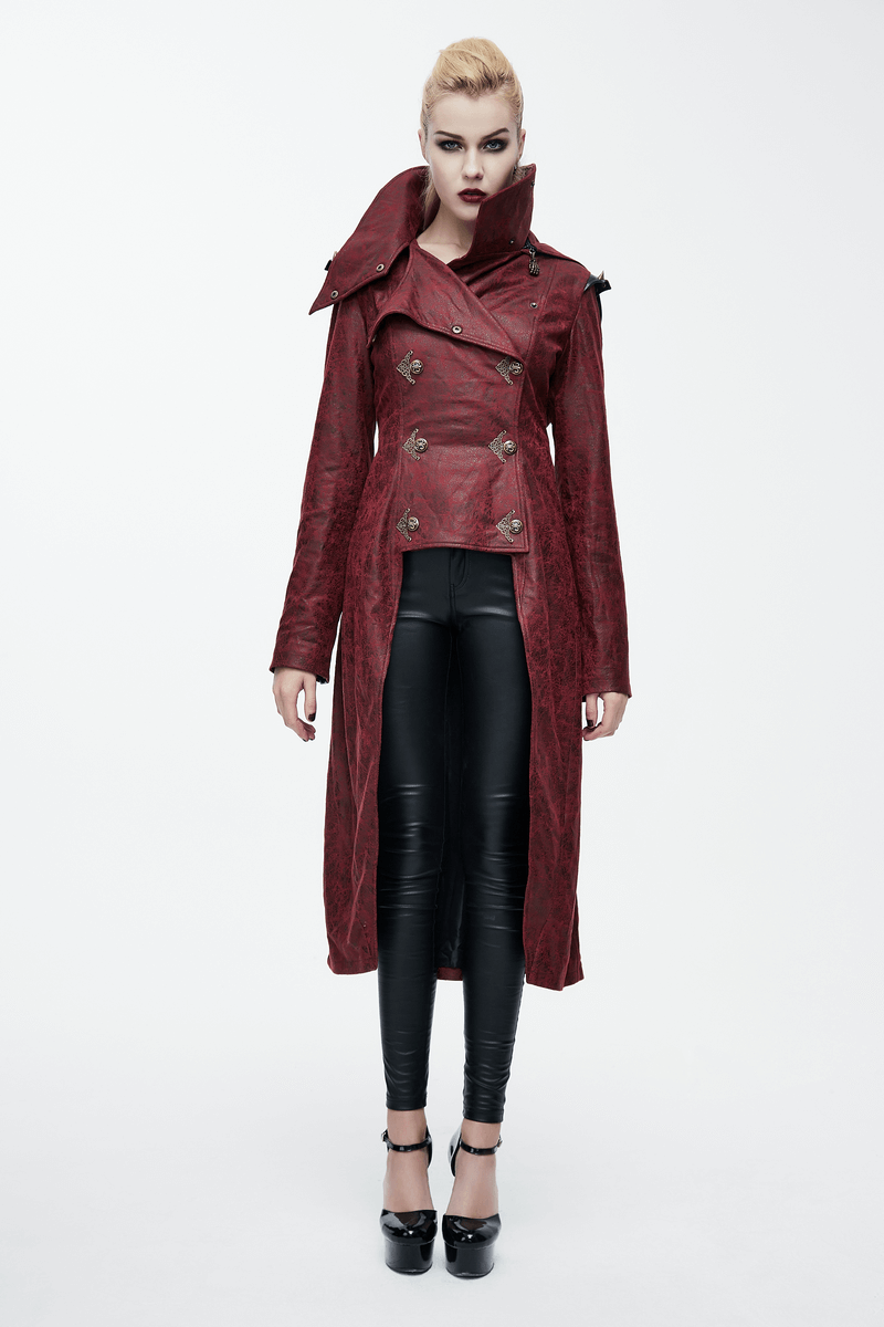 Gothic Women's Slim Hooded Coat with Rivets / Steampunk Faux Leather Wine Red Overcoats