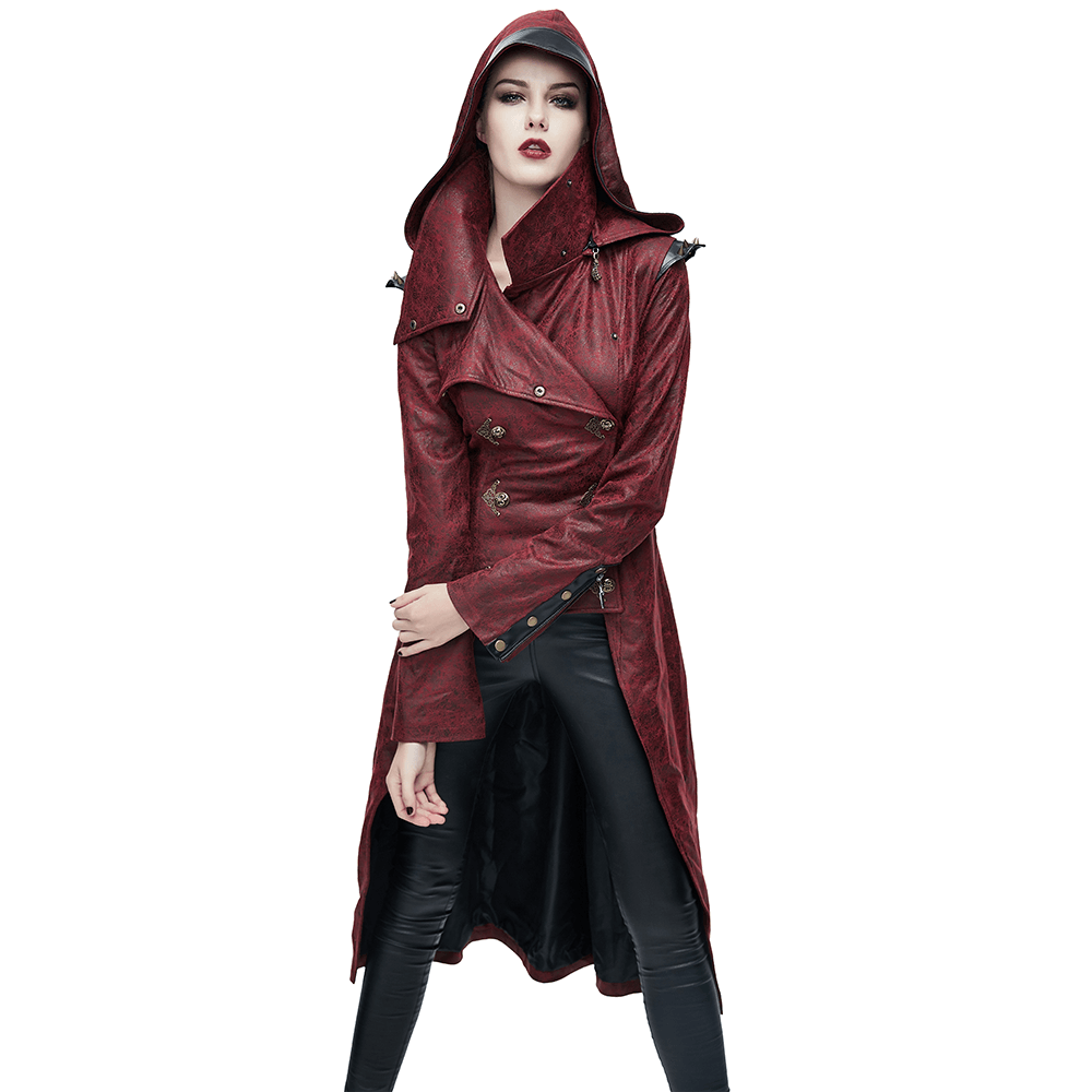 Gothic Women's Slim Hooded Coat with Rivets / Steampunk Faux Leather Wine Red Overcoats