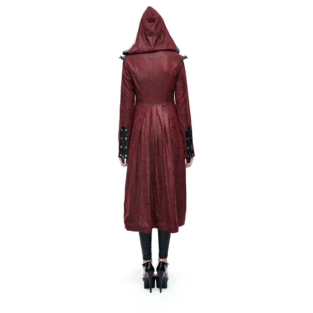 Gothic Women's Slim Hooded Coat with Rivets / Steampunk Faux Leather Wine Red Overcoats