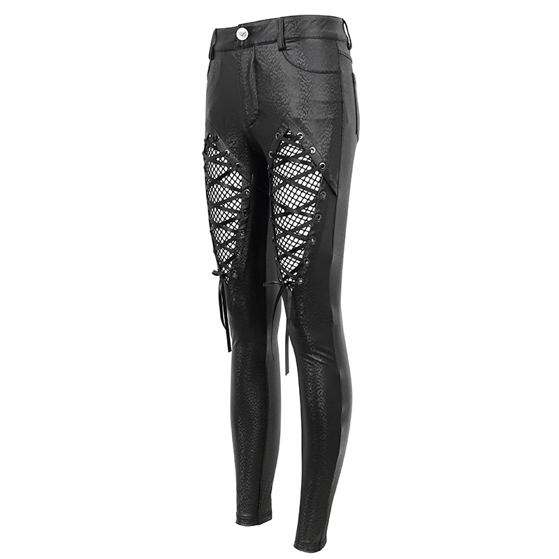 Gothic Women's Slim Pants with Mesh and Lace Up on Front / Sexy Black PU Leather Trousers