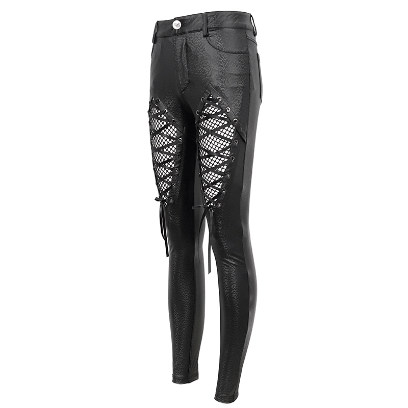 Gothic women's slim pants in black PU leather with mesh inserts and lace-up details for a stylish look.