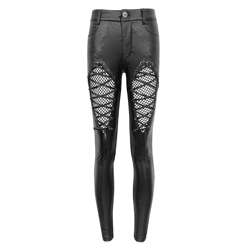 Gothic women's slim pants made of black PU leather with lace-up front and mesh inserts for a stylish, edgy look.