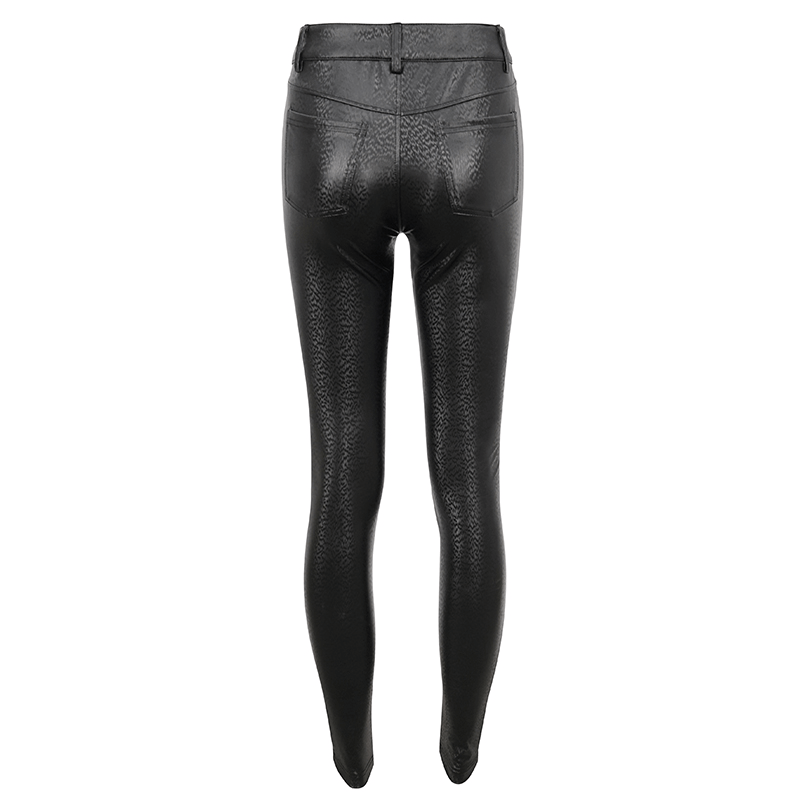 Gothic Women's Slim Pants with Mesh and Lace Up on Front / Sexy Black PU Leather Trousers