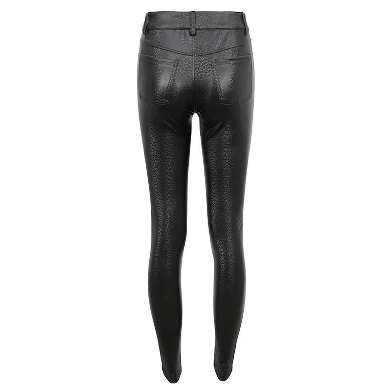 Back view of sexy black PU leather women’s slim pants with a sleek fit and stylish design.