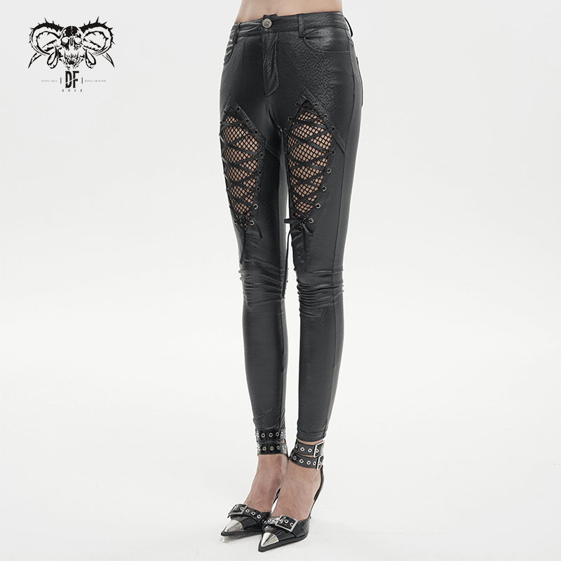 Gothic women's slim pants with mesh inserts and lace-up front in sexy black PU leather style.