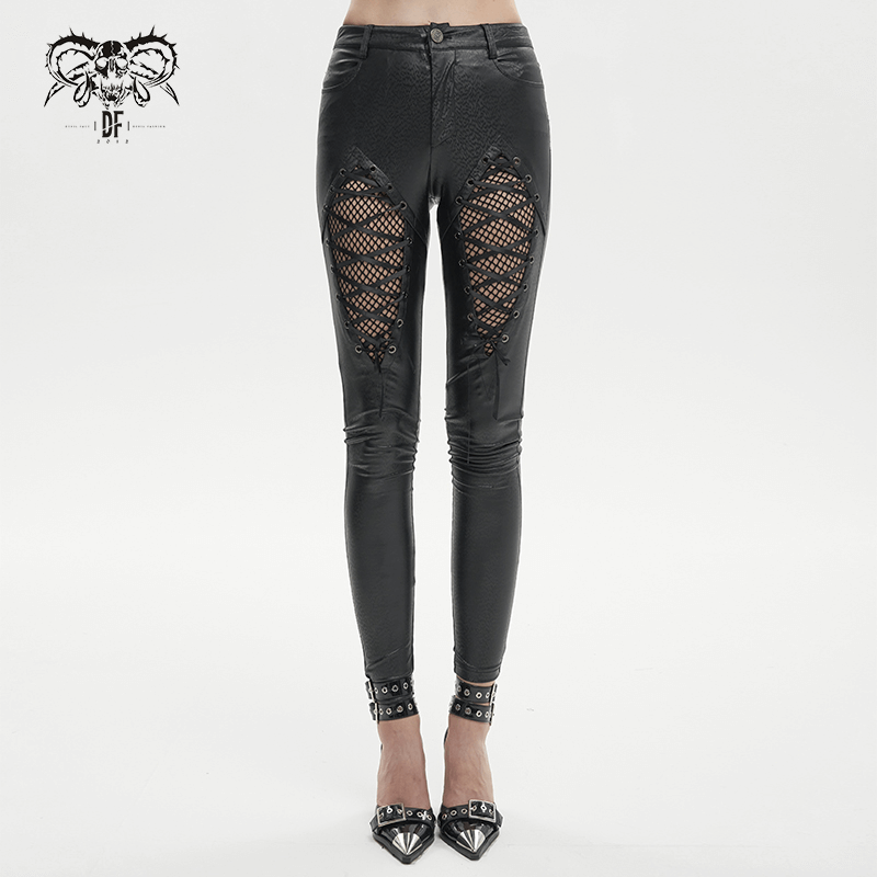 Gothic women's black PU leather slim pants with mesh inserts and lace-up front for a stylish look.