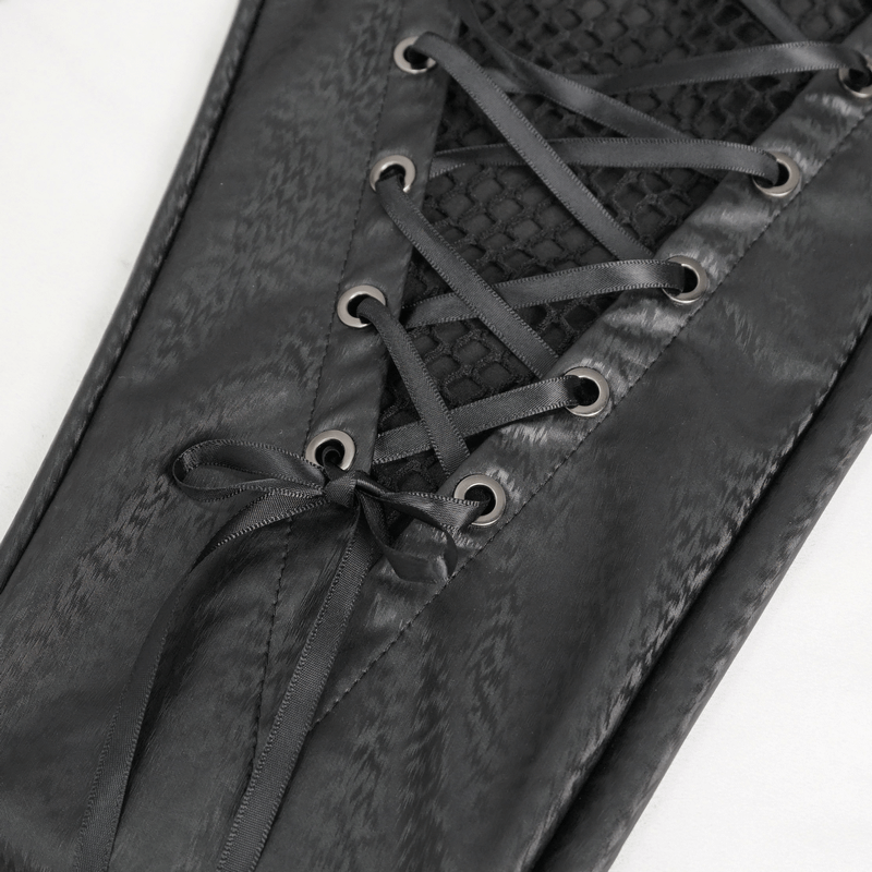 Close-up of gothic women's slim pants featuring lace-up front and mesh inserts in elegant black PU leather.